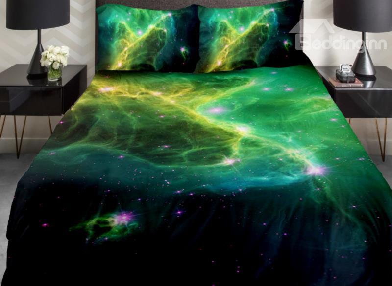Green Nebula And Shining Star Print 4-Piece Duvet Cover Sets
