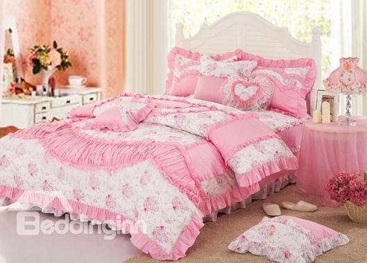 Romantic Pricess Style Lovely Pink Color Bedding Sets 4 Piece Duvet Cover Sets