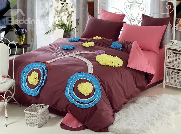 New Arrival Lovely Brown Color Bike Applique Design 6 Piece Bedding Sets With Fitted Sheet