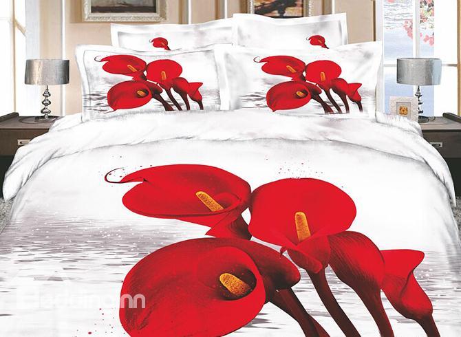 Florid White Wash Printed 4 Piece Cotton Bedding Sets With Red Flowers 10486339)