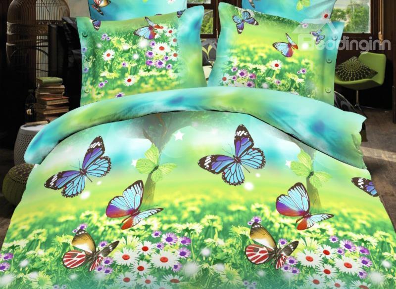 Flying Butterfly And Beautiful Flower Print 4-Piece Polyester Duvet Cover Sets