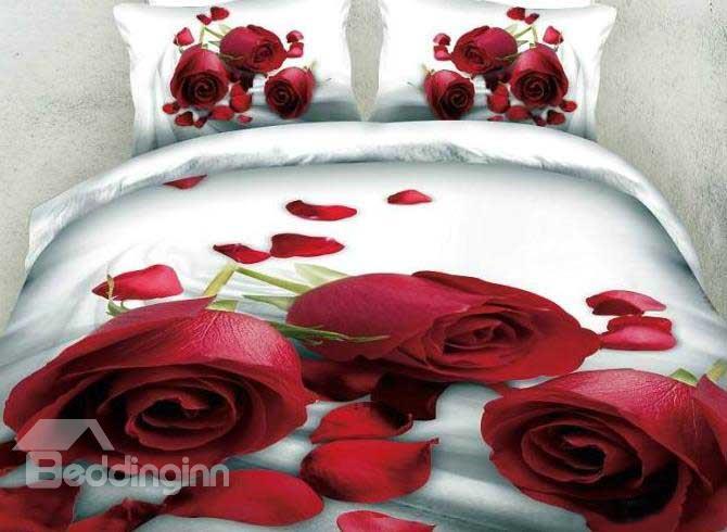 New Arrival Beautiful Red Roses And Petals Print 4 Piece Bedding Sets