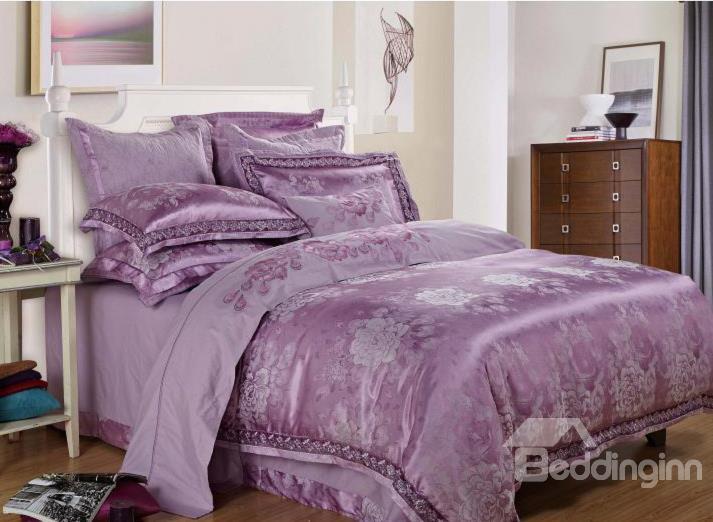 Fabulous Purple Peony Jacquard 4-Piece Cotton Duvet Cover Sets