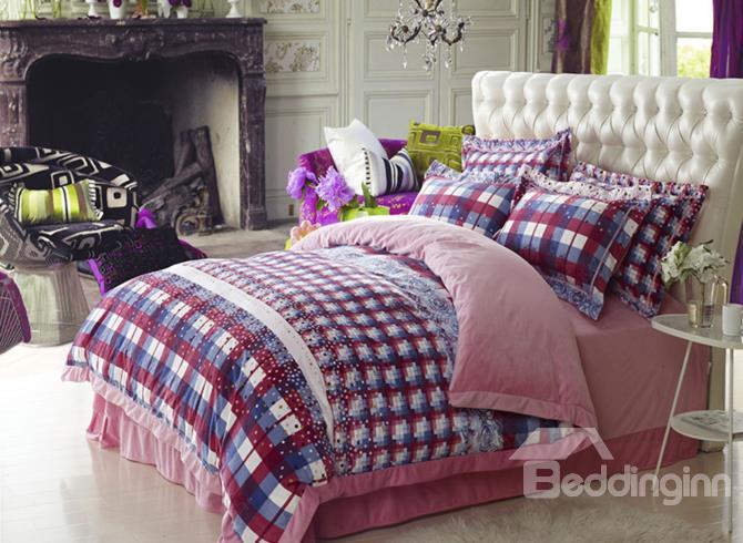 Pink Checker Pattern Comfortable Sandedcloth Material 4 Piece Bedding Sets/Duvet Cover Sets