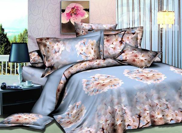 Peach Blossom Print 4-Piece Polyester Duvet Cover Sets