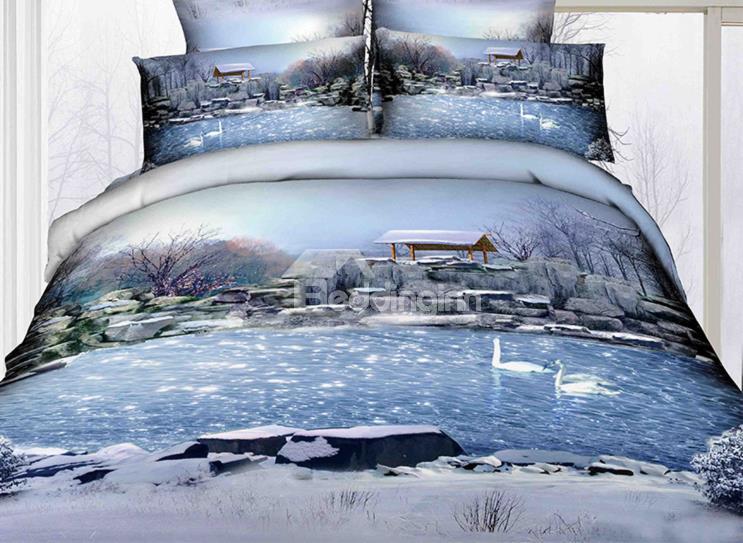 High Quality Beautiful Natural Scenery Print 4 Pieces Polyester 3d Bedding Sets