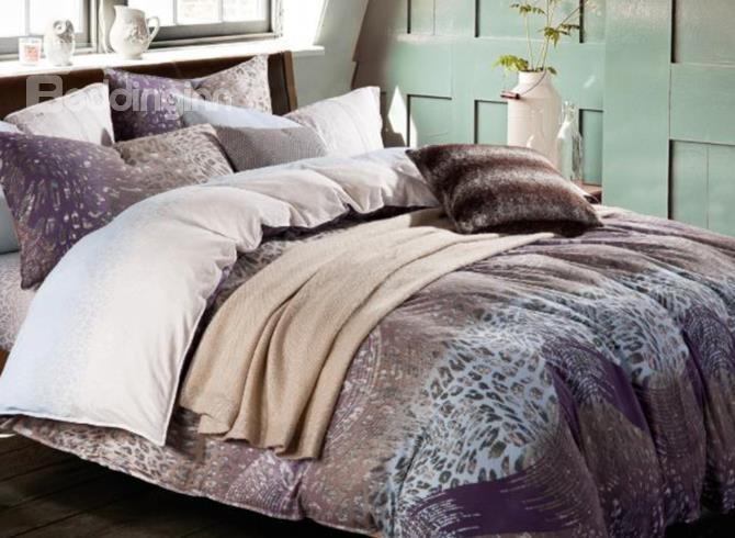 Hot Selling Elegant Purple Color Leopard Print Kintting Bedding Sets With Fitted Sheet