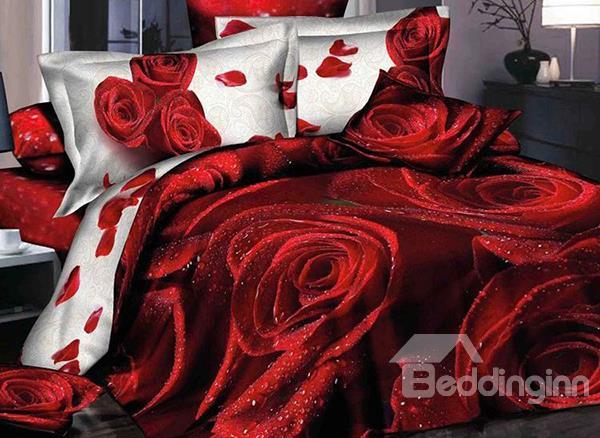 Amazing Red Rose Print 4-Piece Cotton Duvet Cover Sets