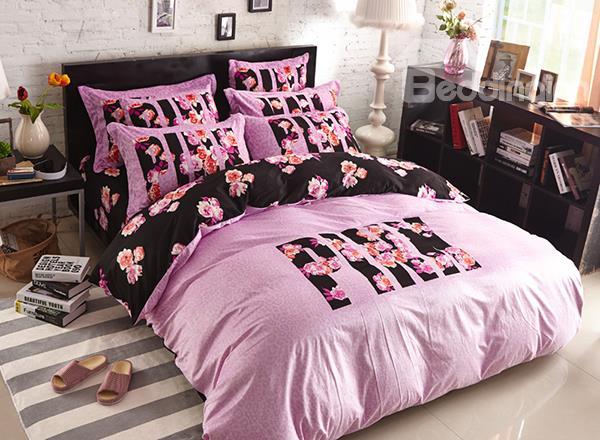 Fashion Pink And Black Pattern 4 Piece Coral Fleece Duvet Cover Sets