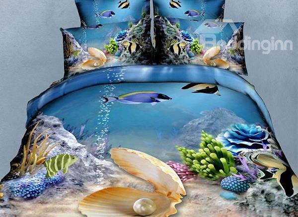 Wonderful Sea World Pearl And Fish Print 4-Piece Polyester Duvet Cover Sets