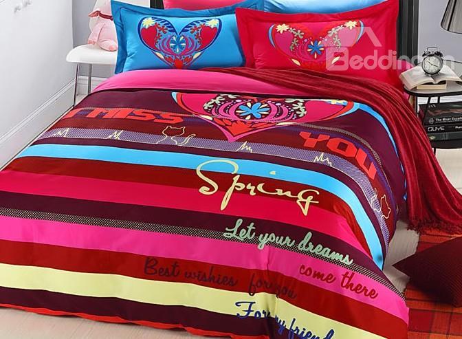 Colorful Stripe And Flower Heart Print 4-Piece Duvet Cover Sets