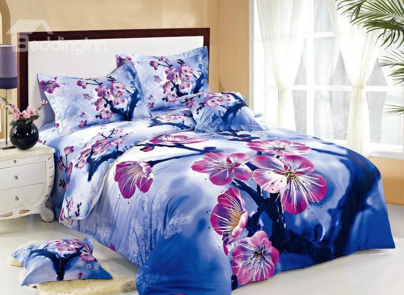 All 3d Bedding For Uk Usa Australia Pink Plum Blossom With Blue Background Print 4 Piece Cotton Duvet Cover Sets
