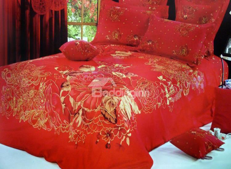 Luxury Red Flower Print 4-Piece Cotton Wedding Duvet Cover Sets