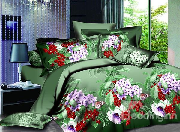 Purple Flower And Red Fruit Print 4-Piece Polyester Duvet Cover Sets