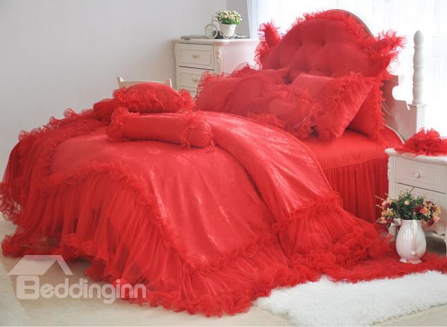High Quality Romantic Red Lace 4-Piece Cotton Duvet Cover Sets