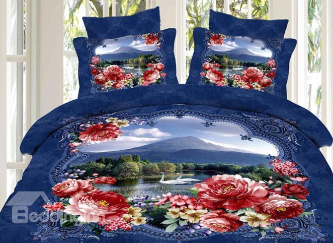 Beautiful Lake With Flower Border Print 4-Piece 3d Duvet Cover Sets
