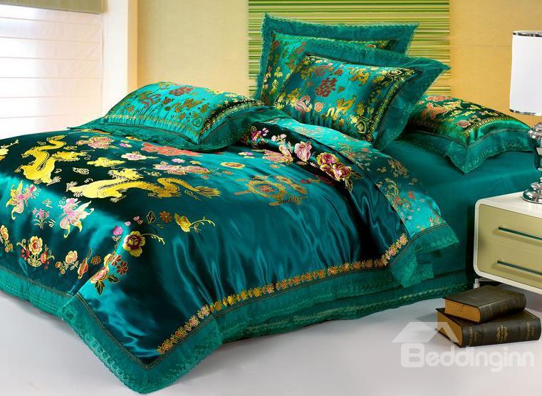 High Class Luxury Green Lace 4-Piece Wedding Bedding Sets
