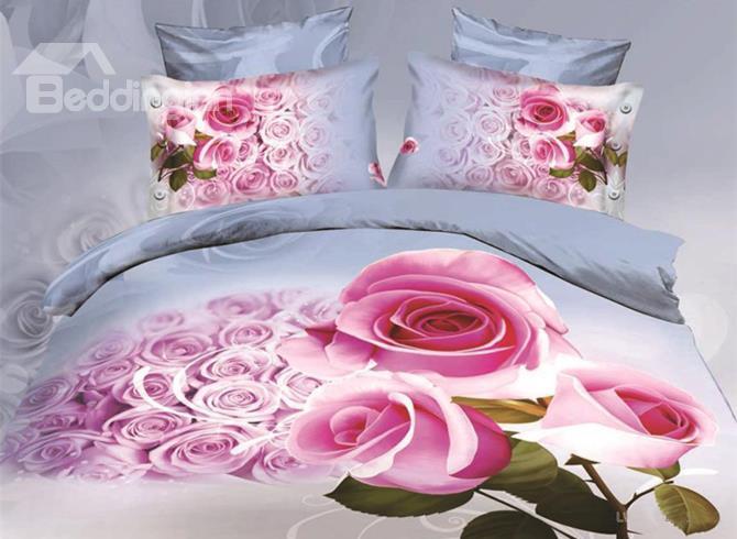 A Bunch Of Pink Roses Print 4-Piece Polyester 3d Duvet Cover Sets
