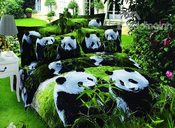 Lovely Panda Eating Bamboo Print 4-Piece Cotton Duvet Cover Sets