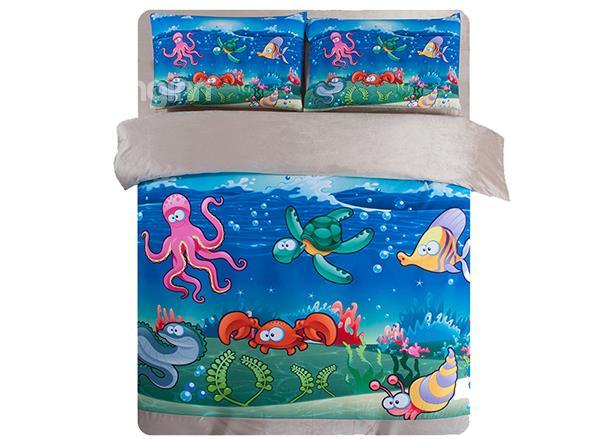 Super Cute Sea World Print 4-Piece Comfy Coral Fleece Duvet Cover Sets