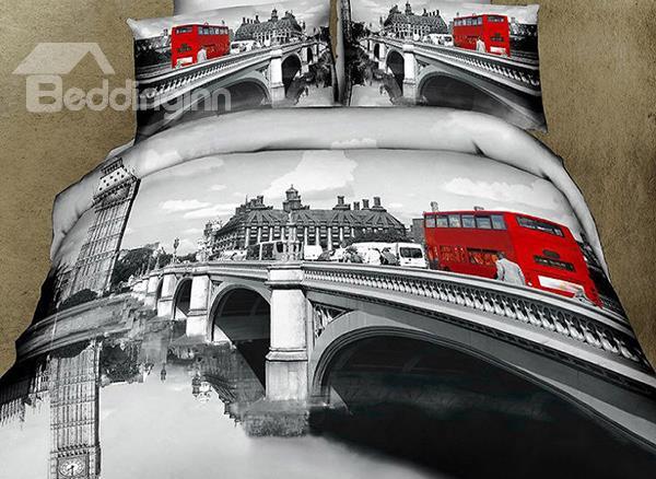 New Arrial High Quality Gray Color Bridge Scenery Red Bus Print 4 Piece Bedding Sets