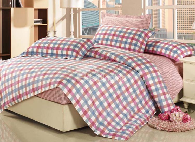 Warm-Toned Plaid Print Color Stagger 4 Piece Fitted Sheet Bedding Sets