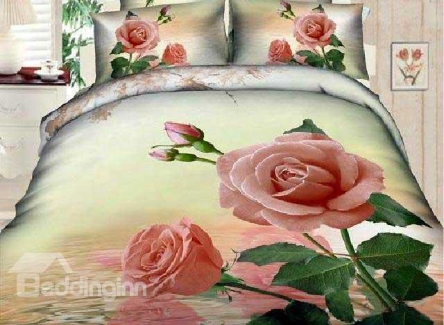 New Arrival Elegant Pink Roses Print 4 Piece Bedding Sets