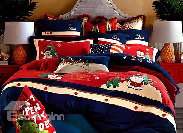 Christmas Gift Santa Claus And Christmas Tree Embroidery Print 4-Piece Duvet Cover Sets