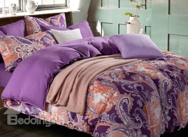 New Arrival Luxurious Floral Patterns Purple Color Kintting Bedding Sets With Fitted Sheet