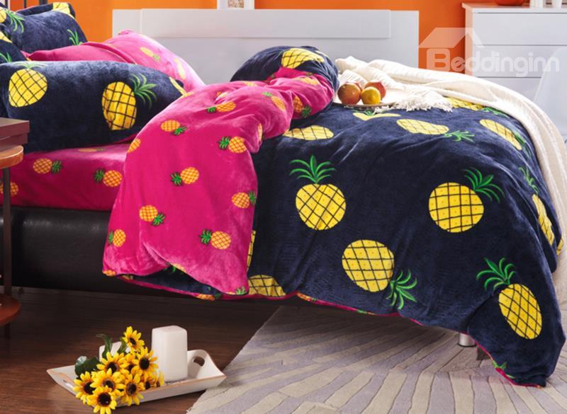 Bright Yellow Pineapple Print 4 Piece Coral Fleece Duvet Cover Sets