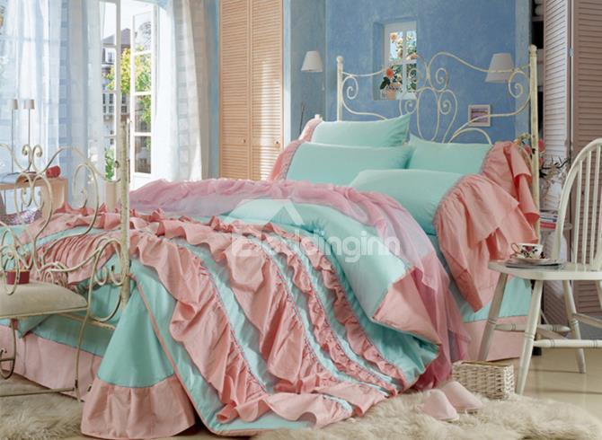 New Arrival Lovely Blue Color Pink Chiffon Floral Borders 4 Piece Bedding Sets