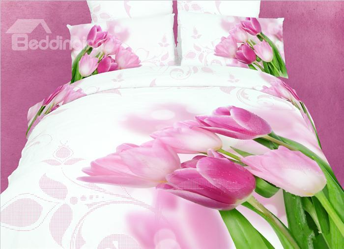 Lovely Pink Tulip Blossom Print 4 Piece Bedding Sets/Duvet Cover Sets