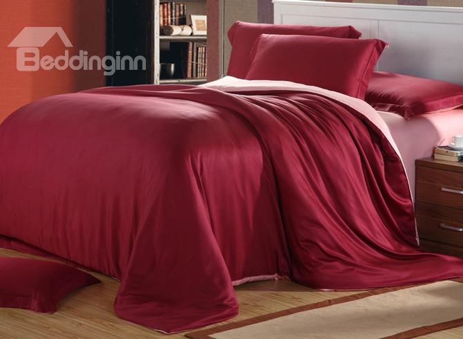 High Quality Comfortable Simple Style Rose-Carmine 4 Pieces Tencel Bedding Sets