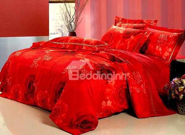 Luxury Red Rose Print 4 Piece Flannel Duvet Cover Sets