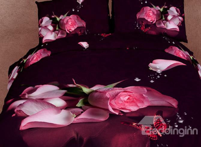 Beautiful Pink Rose And Red Butterfly Print Realistic 3d Duvet
