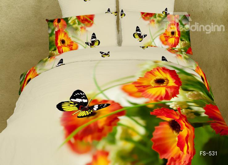 Little Red Flower With Butterfly Print 4 Piece Bedding Sets/Duvet Cover Sets