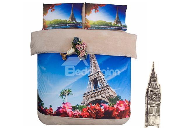 Eiffel Tower And Red Flower Print 4-Piece Coral Fleece Duvet Cover Sets