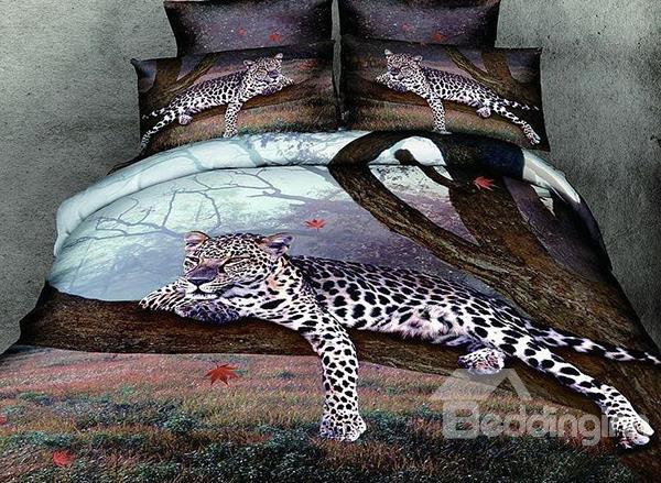 New Arrival Leopard Perching On A Tree Reactive Print 4 Piece Bedding Sets