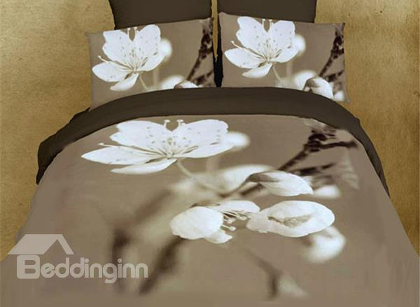 Pure White Pear Blossom Print 4-Piece Cotton Duvet Cover Sets
