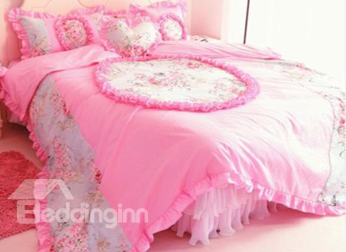 Sweet Color Lace Edge Floral Pattern Cotton Princess Duvet Cover Sets