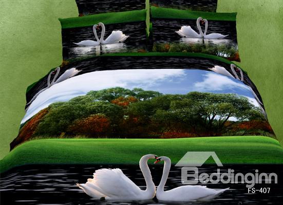 Lovely White Swan And Lake Scene Sets 4 Piece Bedding Sets