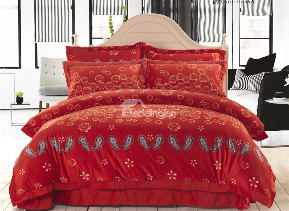 Pure Red Wedding Sandedcloth Material 4 Piece Bedding Sets