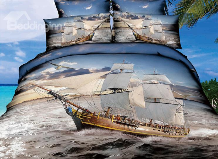 High Quality Ship Sailing On The Sea Print 4 Pieces Polyester 3d Bedding Sets