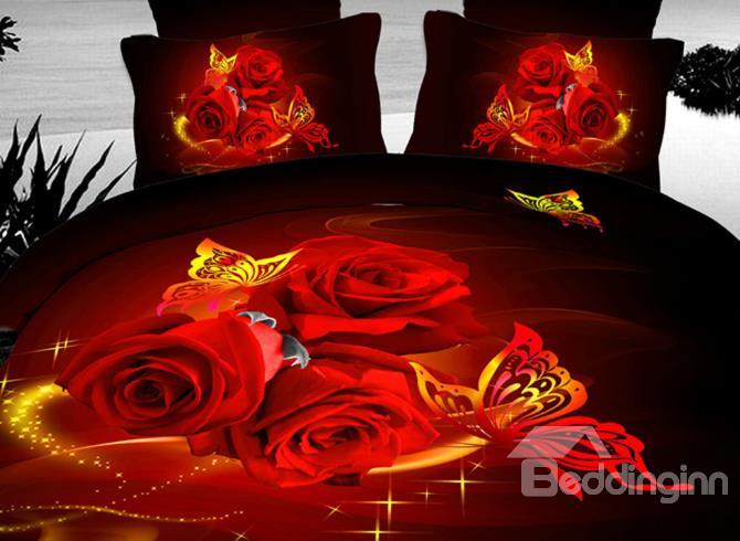 Red Rose And Flying Butterfly Print 3d Duvet Cover Set