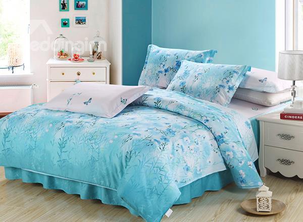Adorable Blue Flowers And Butterflies Print 4-Piece Cotton Duvet Cover Sets
