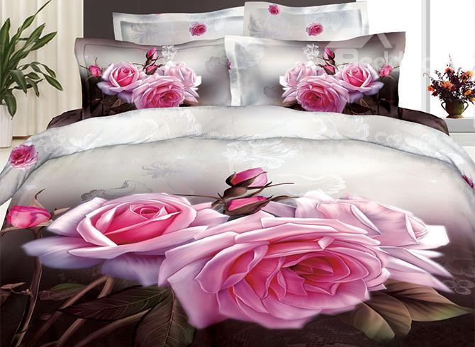 New Arrival Beautiful Rose Flowers With Buds Patterns 4 Piece Bedding Sets