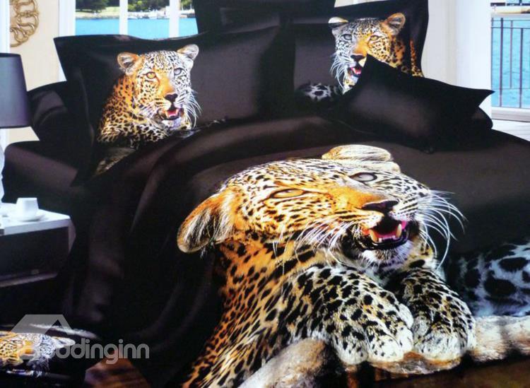 Golden Leopard With Black Ground Pattern 4-Piece Cotton Duvet Cover Sets