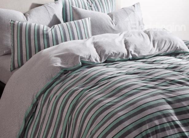New Arrival Lovely Green Stripes Print Kintting Cotton Bedding Sets With Fitted Sheet