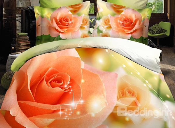 Fancy Orange Roses Print 4 Pieces Polyester 3d Bedding Sets