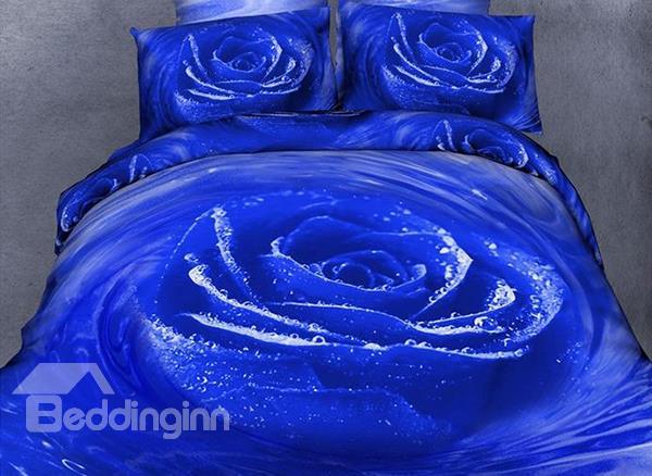 New Arrival Luxury Blue Rose Print 4 Piece Bedspreads And Duvet Cover Sets